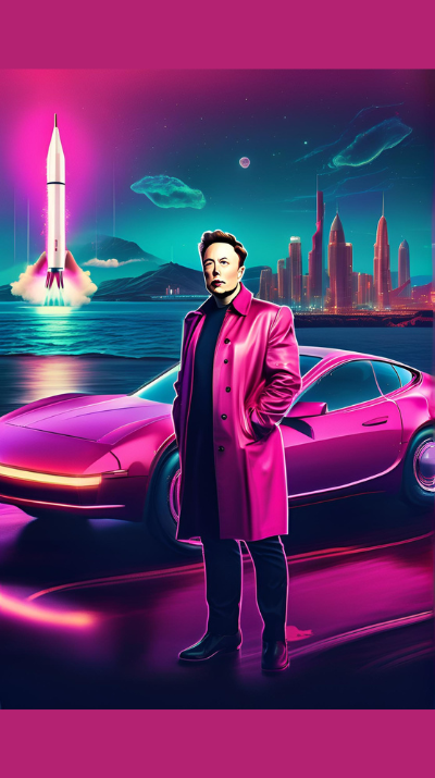 Elon Musk Starbase Elon Musk Standing in front of his Starbase city with rockets and cityscape in background.