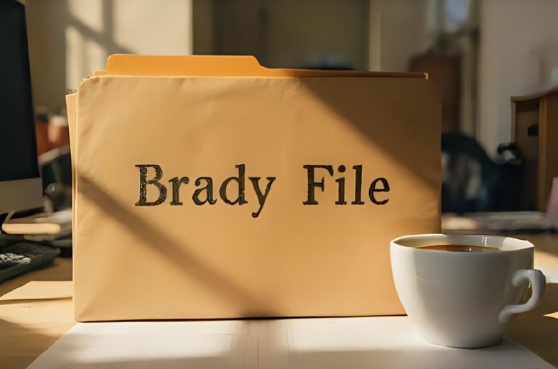 Manila Folder with "Brady file" written on it aside a cup of coffee. 