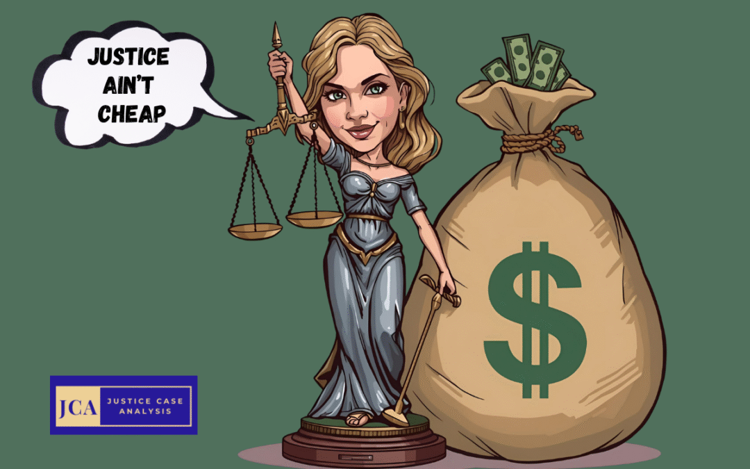 JUSTICE AINT CHEAP: LADY JUSTICE HOLDING A SCALE OF JUSTICE AND A BAG OF MONEY