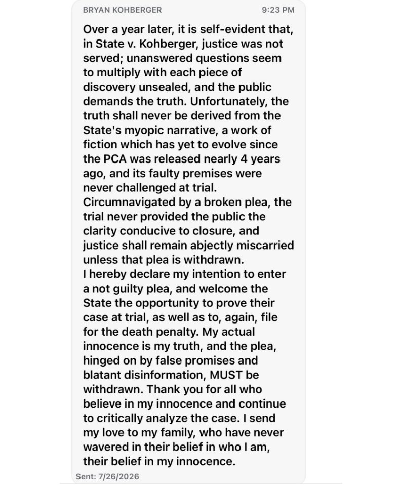 Bryan Kohberger Post Conviction Relief Statement 7-27-26